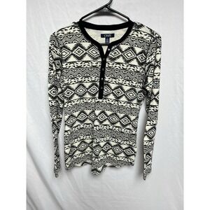 CHAPS Henley Shirt Womens Med Black White Aztec Southwestern Geometric Print Top